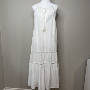 World Market L/XL Cotton Midi Dress Tiered Floaty Gauzy Stripes Beachy Boho